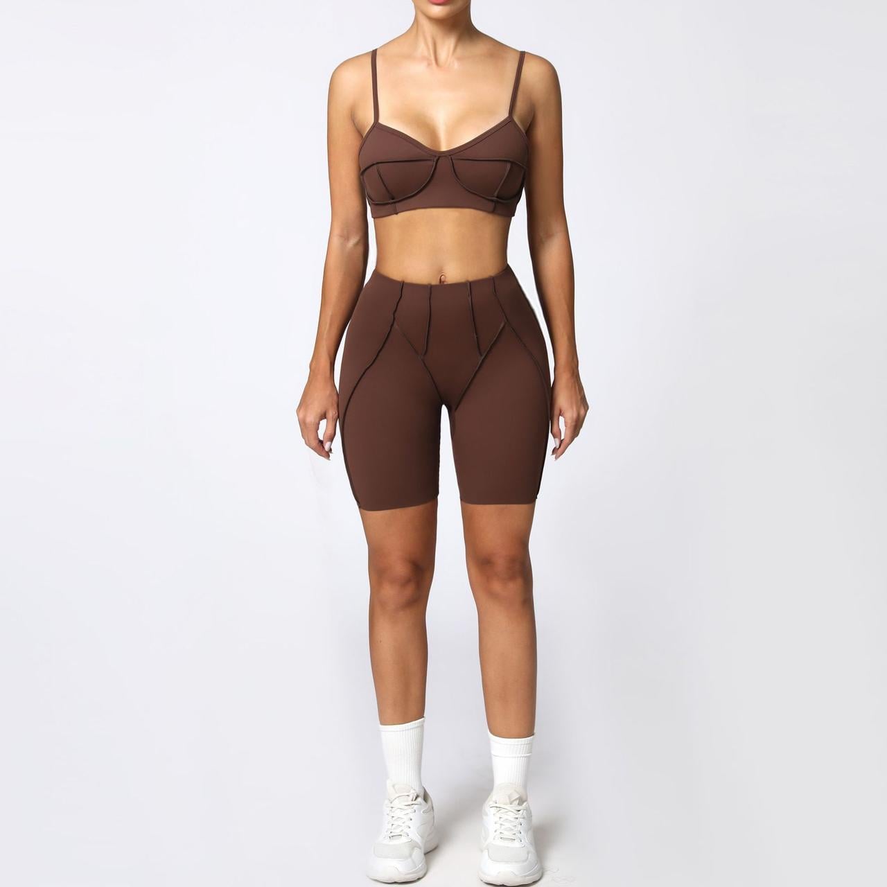 Спортивний костюм зі швами назовні/топ з чашками та велосипедки без пуш-ап M Шоколадний (BH05M)