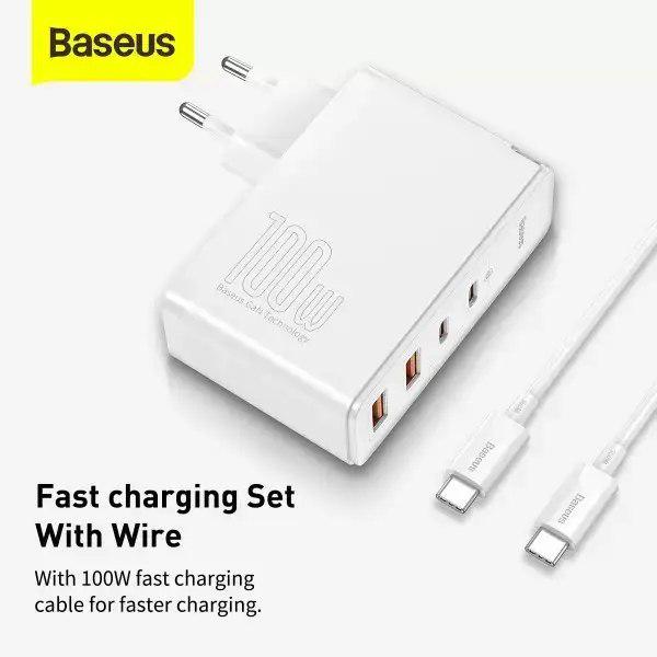 Зарядное устройство BASEUS 100W Quick GaN2 Pro QC4.0+PD3.0 2USB+2Type-C 5A с кабелем Type-C to Type-C 100W 20V/5A 1 м White - фото 4