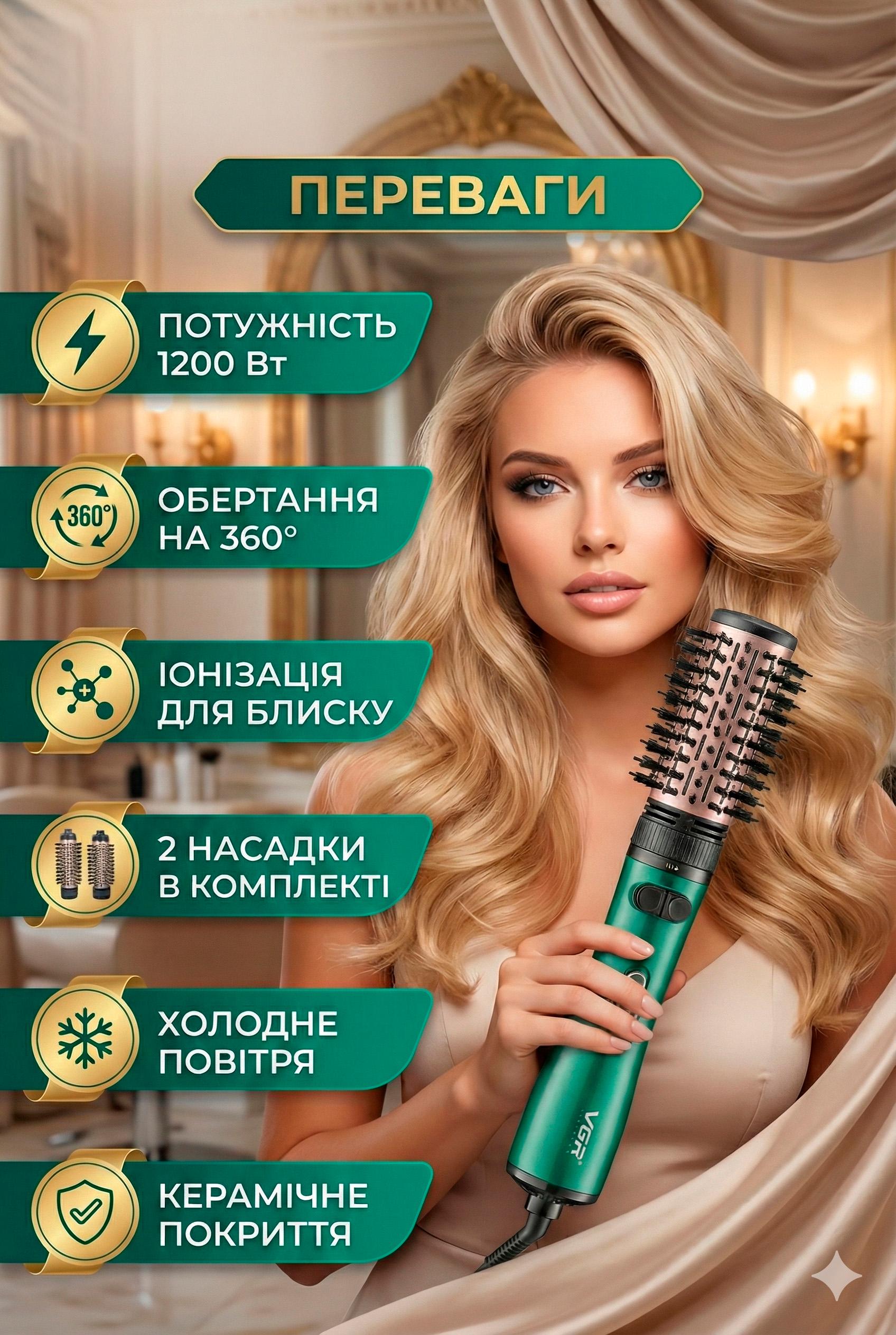 Фен-щетка VGR-498 2в1 для завивки волос 1200 Вт Green (561737214) - фото 3