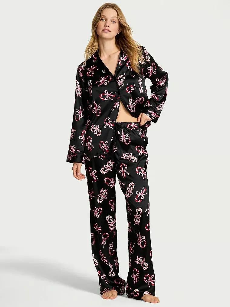Пижама сатиновая Victoria's Secret Satin Shine Long Pajama Set Regular XS Черный (27178699D)