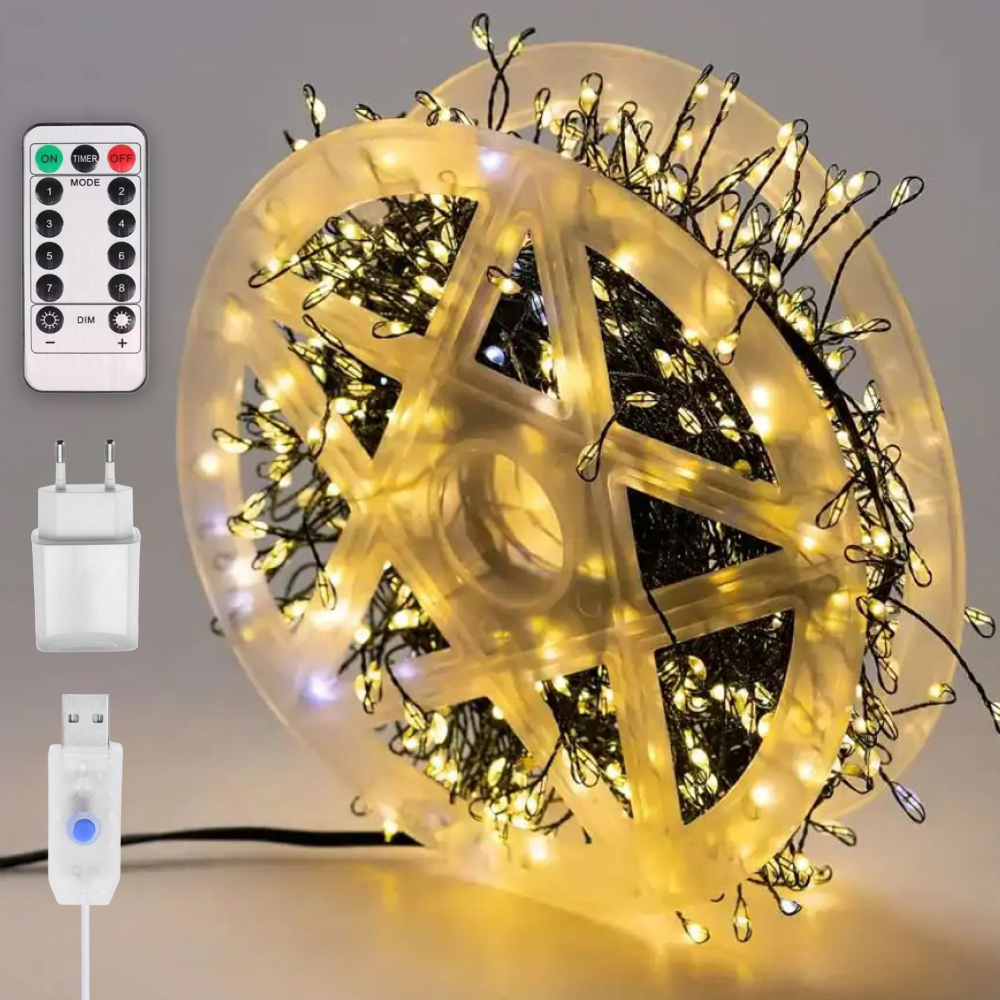 Гірлянда світлодіодна мішура Роса 10 м з пультом 300 LED від USB та мережі 220V 8 режимів Теплий білий - фото 1 Гірлянда світлодіодна мішура Роса 10 м з пультом 300 LED від USB та мережі 220V 8 режимів Теплий білий - фото 1