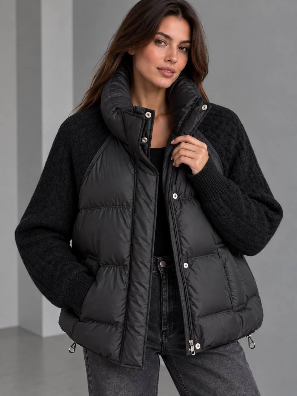 Куртка женская YZY 30790 oversize с вязаными демисезонными рукавами OS Черный (8068)
