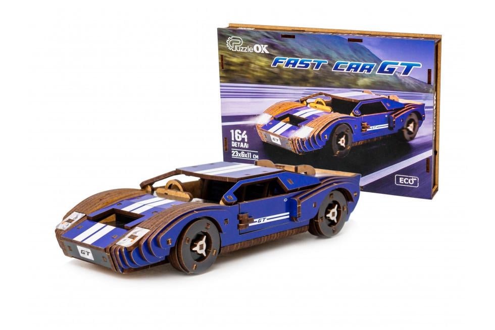 Пазл конструктор из дерева 3D механический PuzzleOK Ford GT 164 детали Синий/Белый