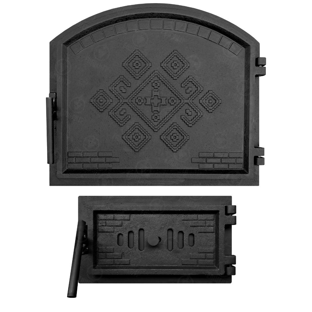 Комплект чугунных дверок Замковая 490x420 мм/поддувальная замковая с регулятором тяги 330x190 мм