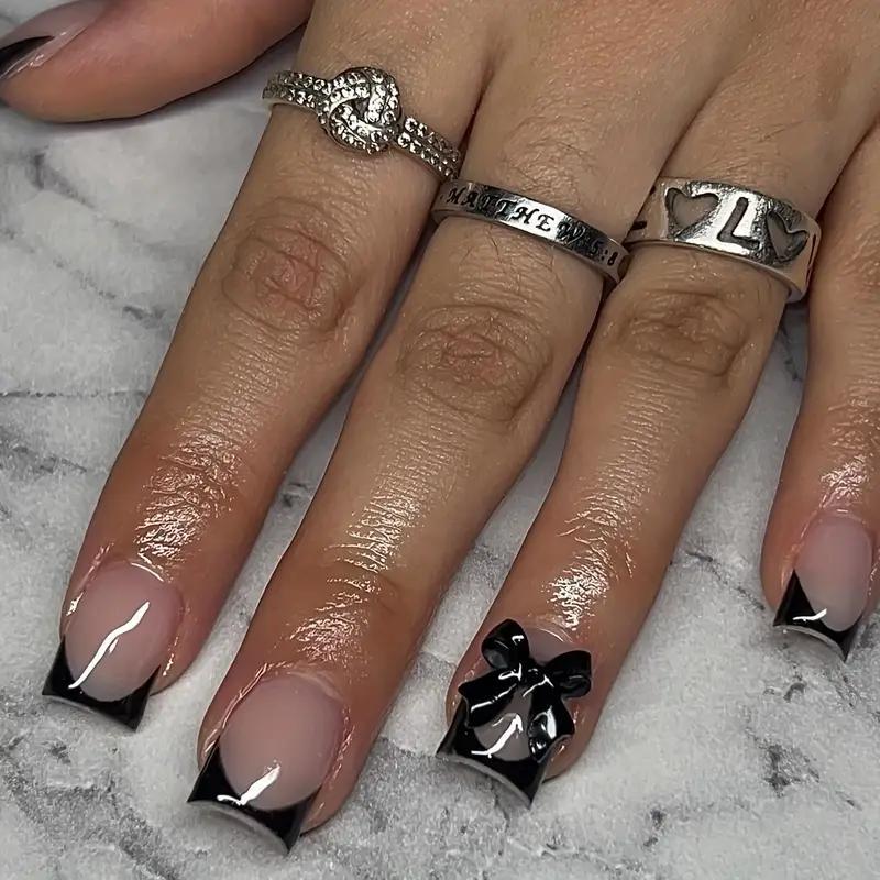 Накладные ногти Френч с 3D бантиком короткий квадрат с клеевыми пластинами 24 шт. Черный с бежевым (2689612579) - фото 2