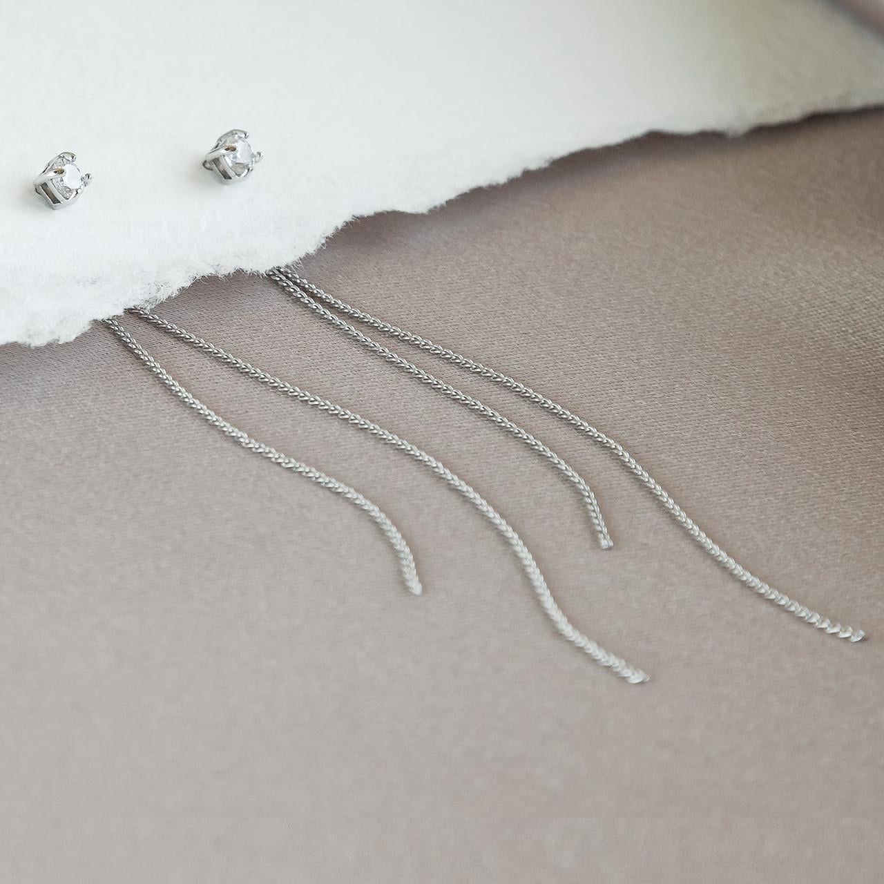 Серьги серебряные пусеты Камешок с двумя изящными подвесками