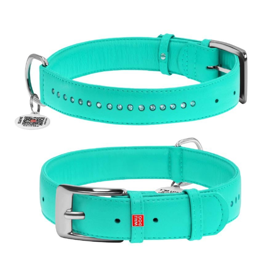Нашийник для собак шкіряний Waudog Glamour з QR паспортом подвійний зі страз L 35 мм 46-60 см Нашийник для собак шкіряний Waudog Glamour з QR паспортом подвійний зі страз L 35 мм 46-60 см