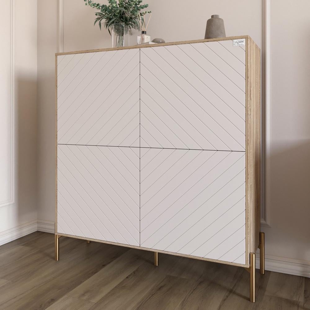 Комод-пенал с золотыми металлическими ножками Lion Амарант 114х40х126,5 см Дуб сонома трюфель/Белый (Lion-042051)