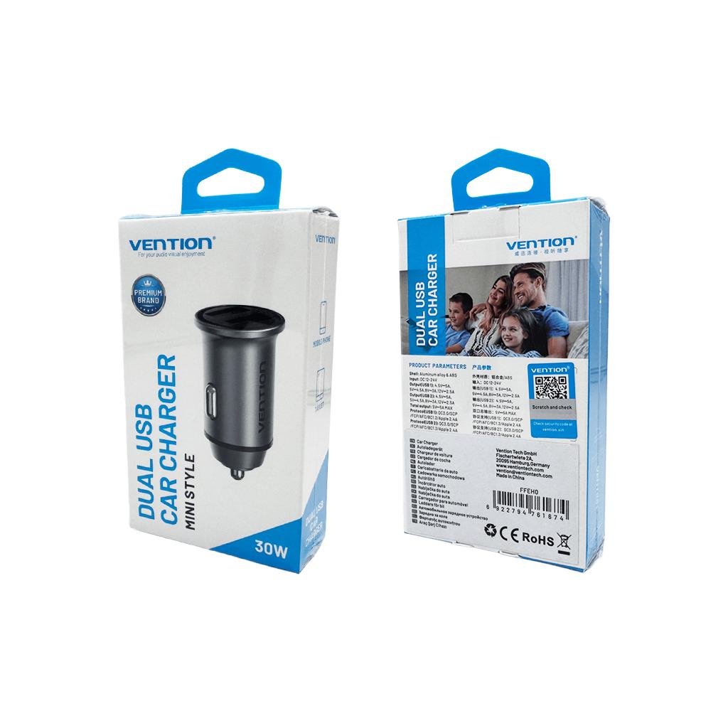 Зарядное устройство автомобильное Vention Two-Port USB A+A 30/30 Car Charger Gray Mini Style Aluminium Alloy Type (FFEH0) (FFEH0) - фото 10