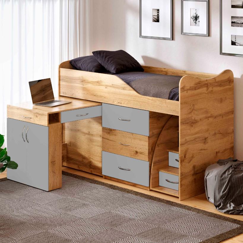Комплект для детской BED-ROOM 5 кровать с комодом и письменный стол 1840x860x1200 мм Дуб Тахо/Серый