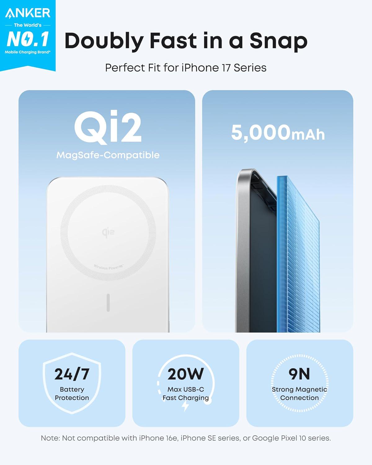 Повербанк магнитный Anker Nano Ultra-Slim 5000 mAh MagGo Qi2 15W Ultra-Fast MagSafe White - фото 2 Повербанк магнитный Anker Nano Ultra-Slim 5000 mAh MagGo Qi2 15W Ultra-Fast MagSafe White - фото 2