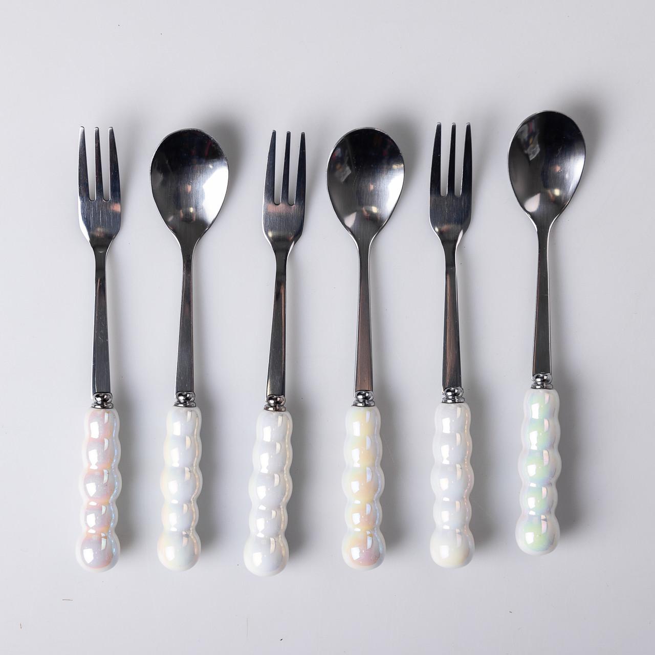 Набір десертних виделок і ложок на 3 персони з підставкою 7 пр. Перламутровий - фото 4 Набір десертних виделок і ложок на 3 персони з підставкою 7 пр. Перламутровий - фото 4