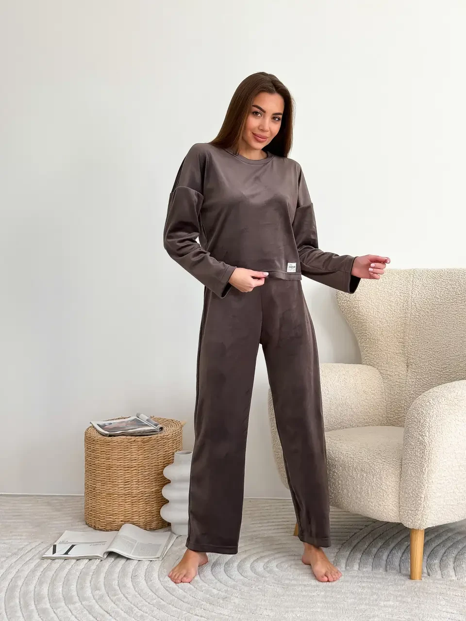 Домашний костюм женский плюшевый кофта и штаны S-M Brown (2037567139) - фото 2