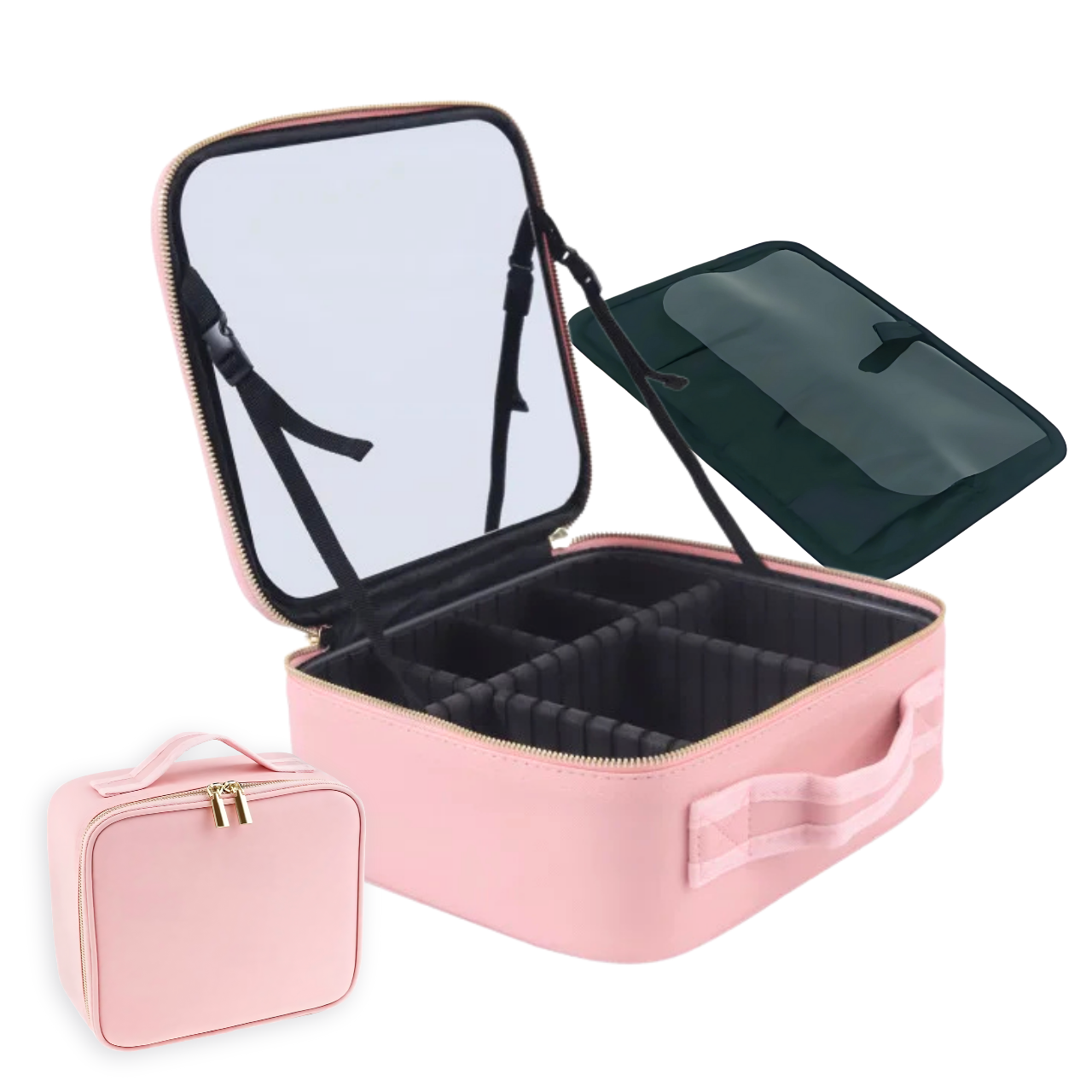 Органайзер с большим зеркалом и кейсом для кисточек 26х23х11 см Розовый (6187371858)