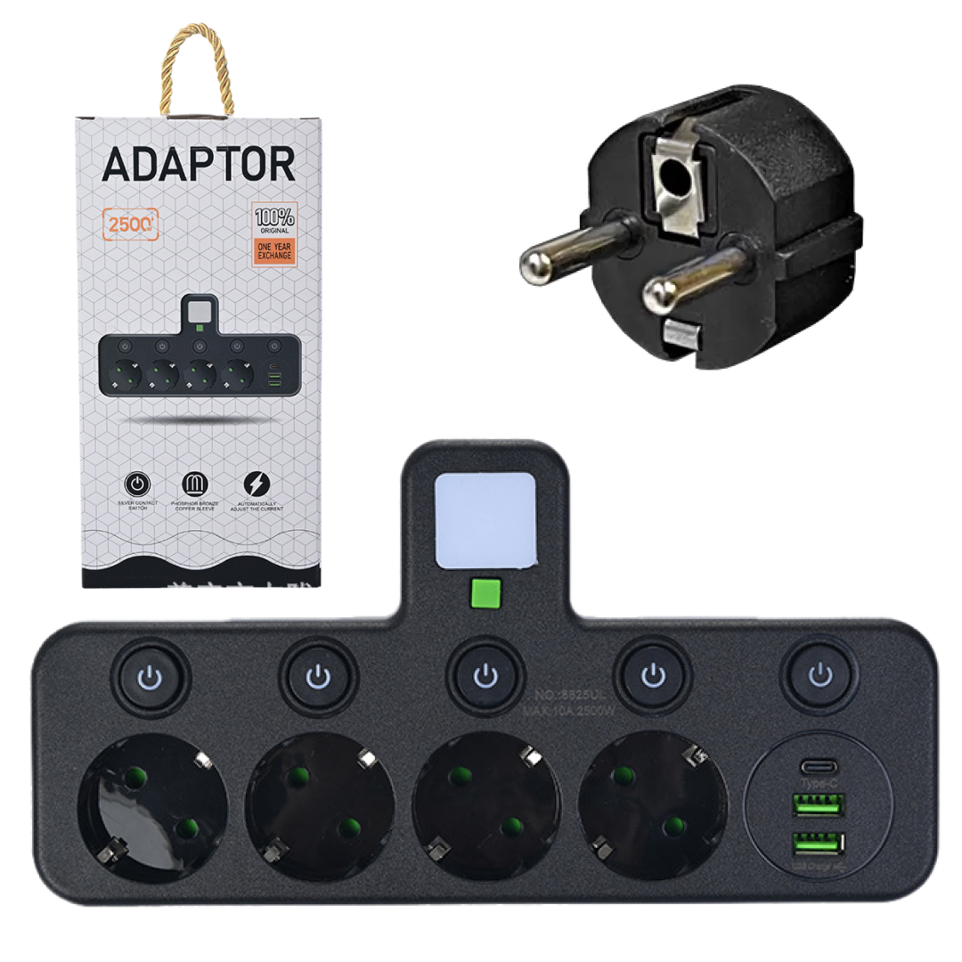 Фільтр мережний 4 розетки/2 USB/1 Type-C з підсвічуванням 2500 Вт