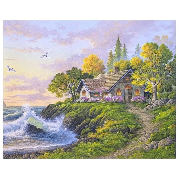 Алмазна мозаїка Будиночок на березі моря на полотні з підрамником 30х40 см (GLD61121)