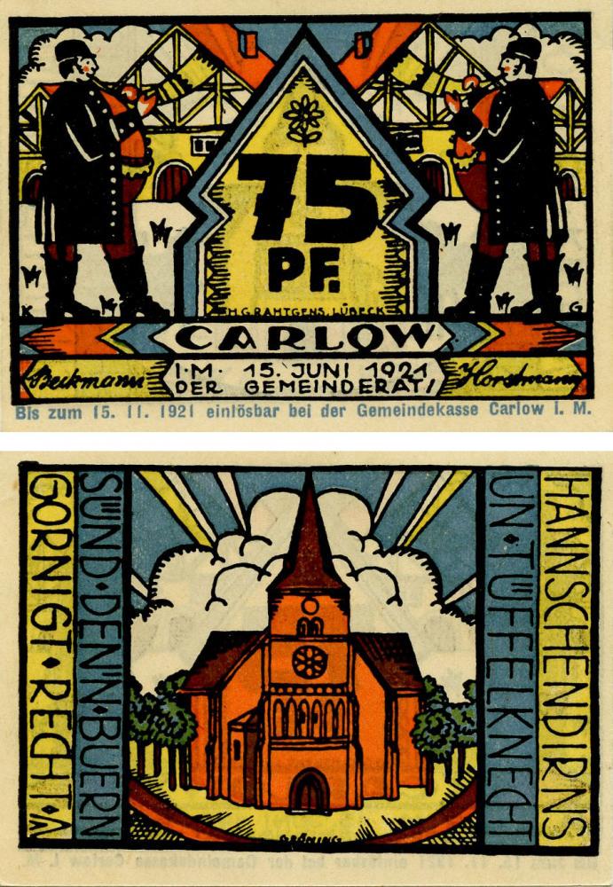 Коллекционная банкнота Германия Нотгельд 75 пфеннигов 1921 F-VF Любек-Карлов (Б16093)