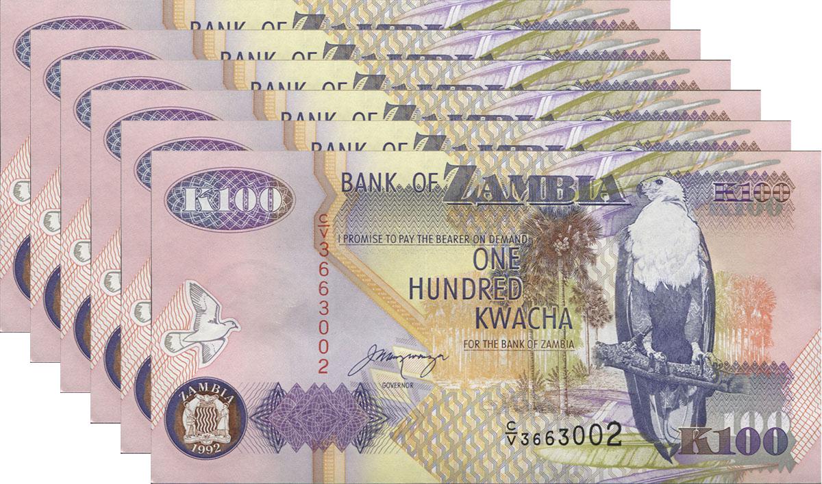 Колекційна банкнота Замбія 1992 100 квач 6 шт. P38b UNC Колекційна банкнота Замбія 1992 100 квач 6 шт. P38b UNC