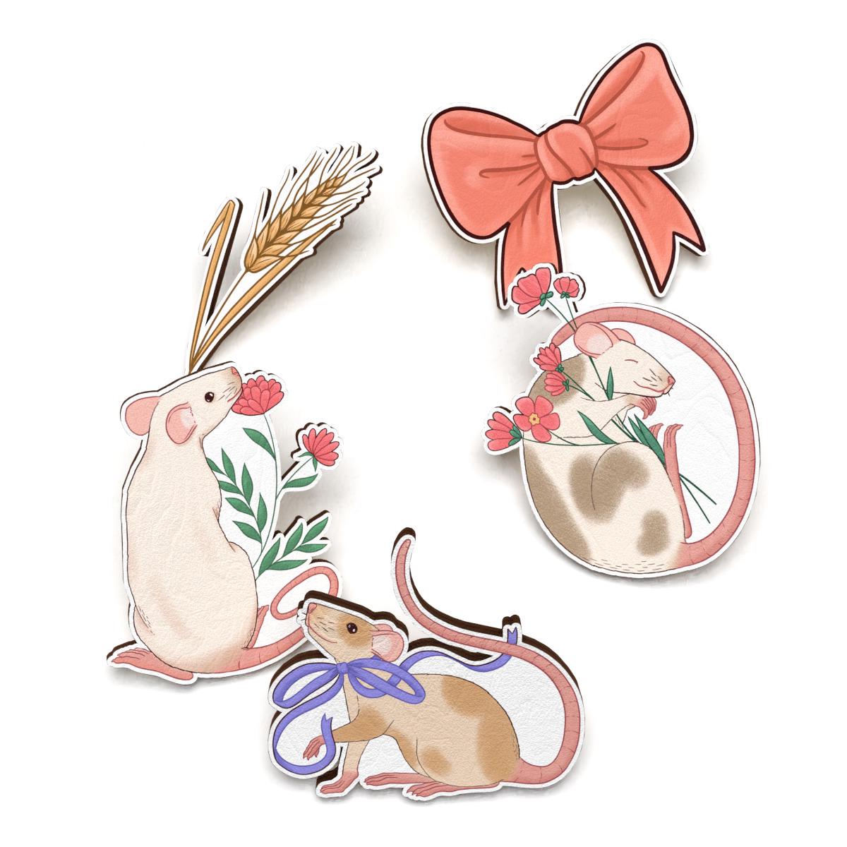 Набор значков Lex Altern Очаровательные полевые мышки из дерева 5 шт.