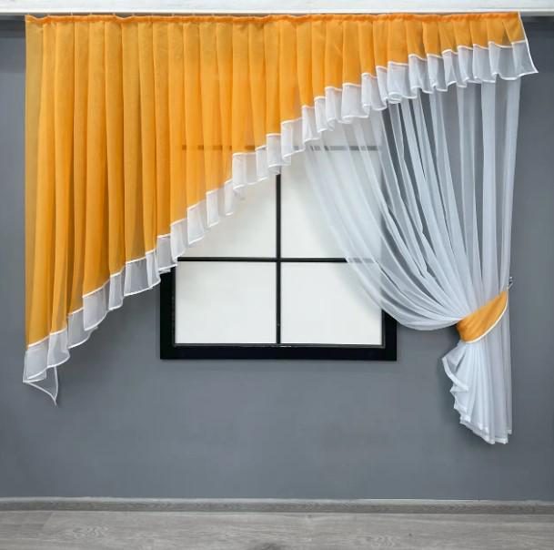 Комплект штор на кухню тюль/ламбрекен шифон 200х170 см Оранжевый/Белый (062к 52-1183)