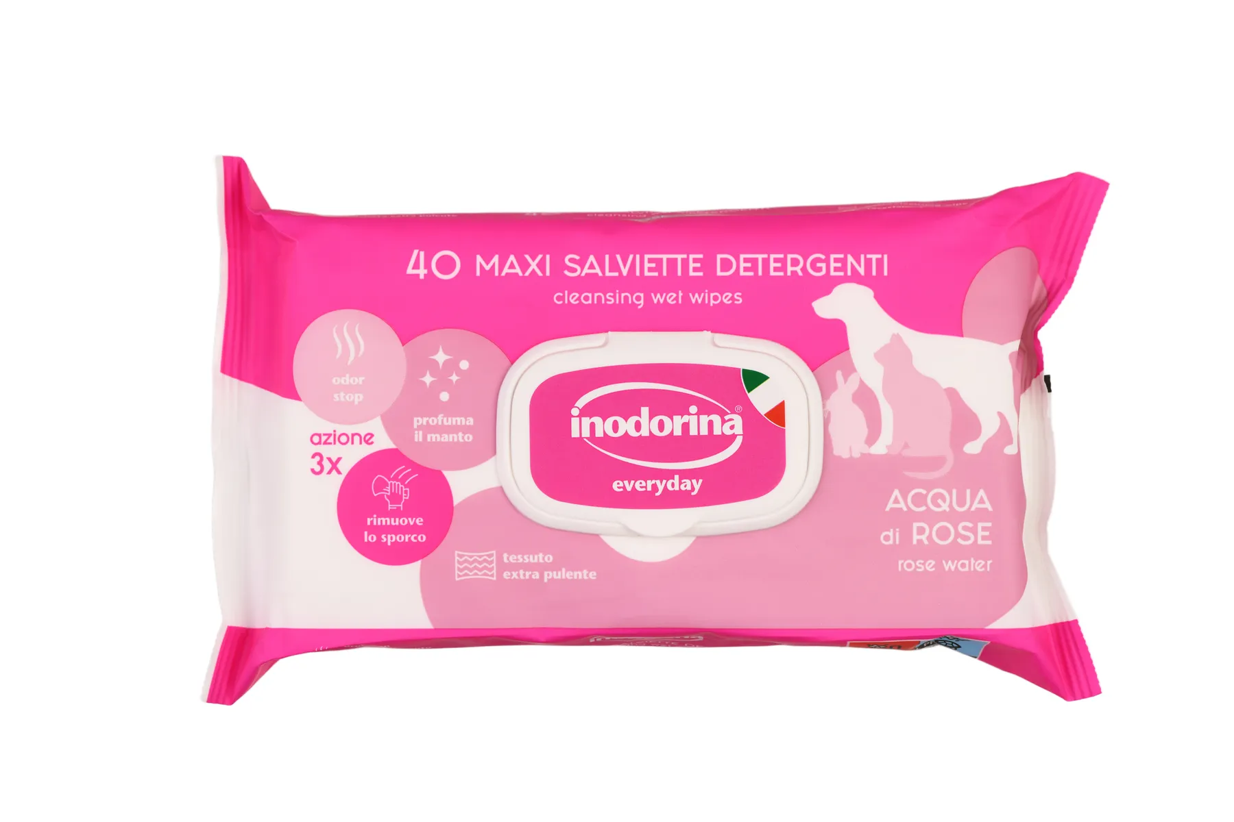 Влажные салфетки для всех типов шерсти кошек и собак Inodorina Everyday Acqua di Rose с ароматом розы 40 шт.