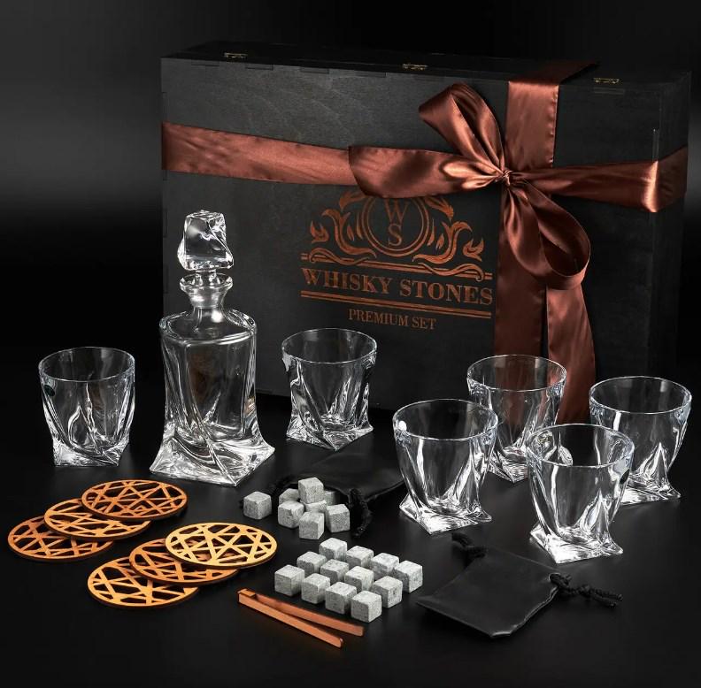 Подарочный набор для алкоголя камни для виски Whiskey Stones 24 шт./6 хрустальных стаканов Bohemia Quadro 340 мл и графин 500 мл - фото 2