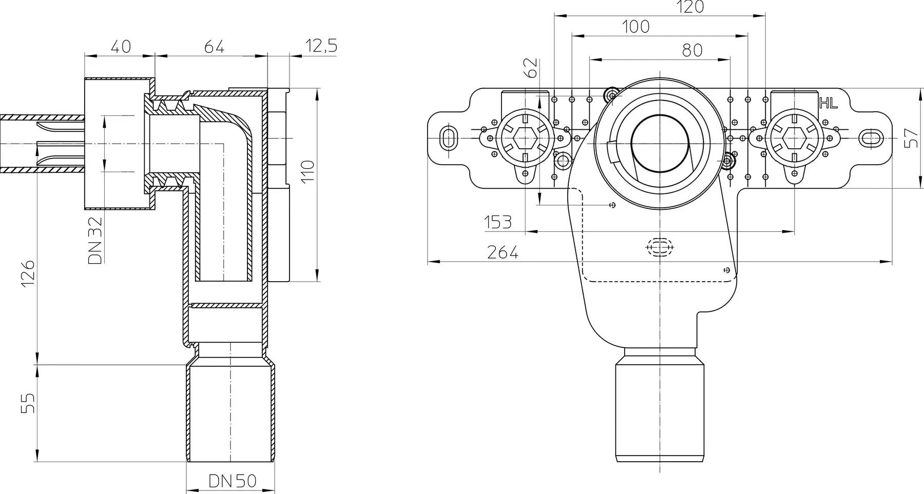 Комплект для умывальника встраиваемый DN50 HL134/50 - фото 2 Комплект для умывальника встраиваемый DN50 HL134/50 - фото 2