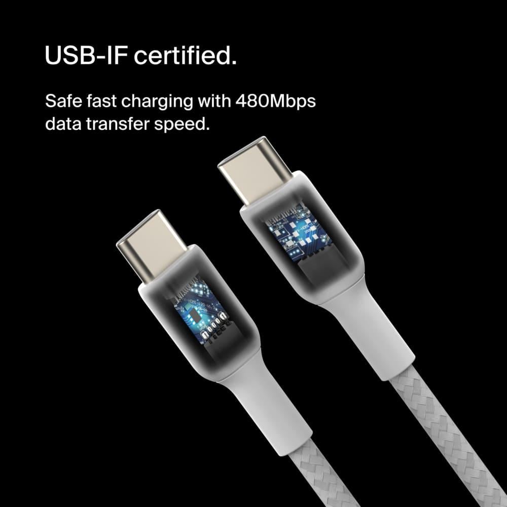 Кабель для заряджання Belkin USB-C - USB-C 60 Вт в тканинному обплетенні 2 м Білий (CAB004BT2MWH) - фото 8 Кабель для заряджання Belkin USB-C - USB-C 60 Вт в тканинному обплетенні 2 м Білий (CAB004BT2MWH) - фото 8