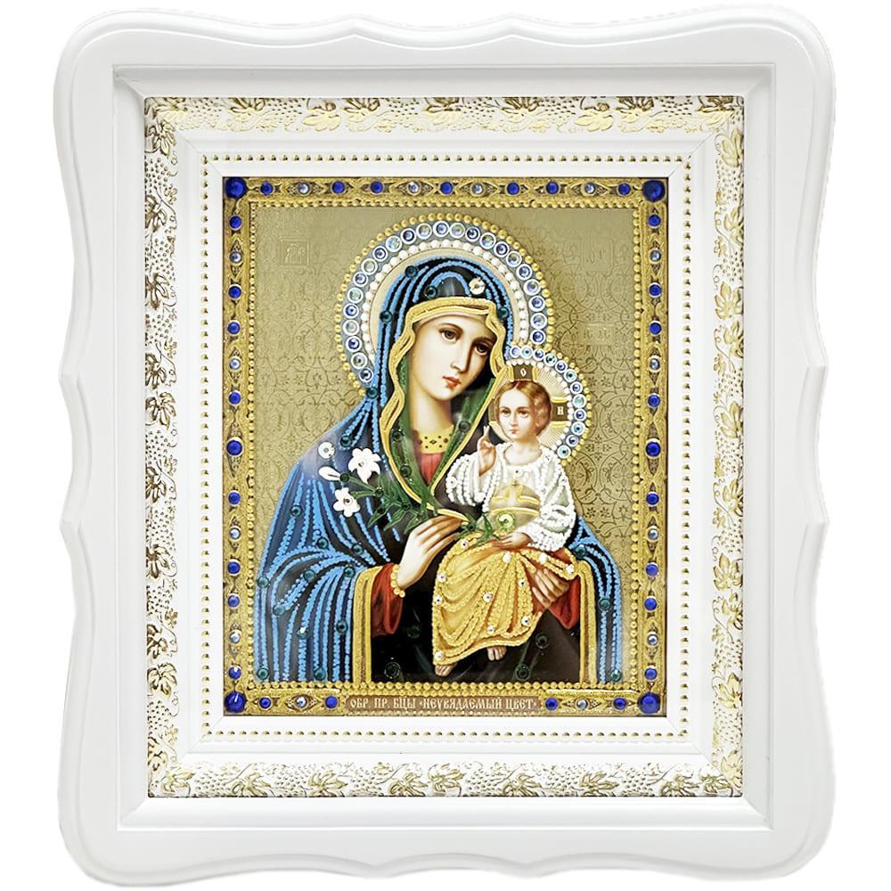 Ікона Свята Богородиця Нев'янучий цвіт на склі в білій рамі (201011977) Ікона Свята Богородиця Нев'янучий цвіт на склі в білій рамі (201011977)