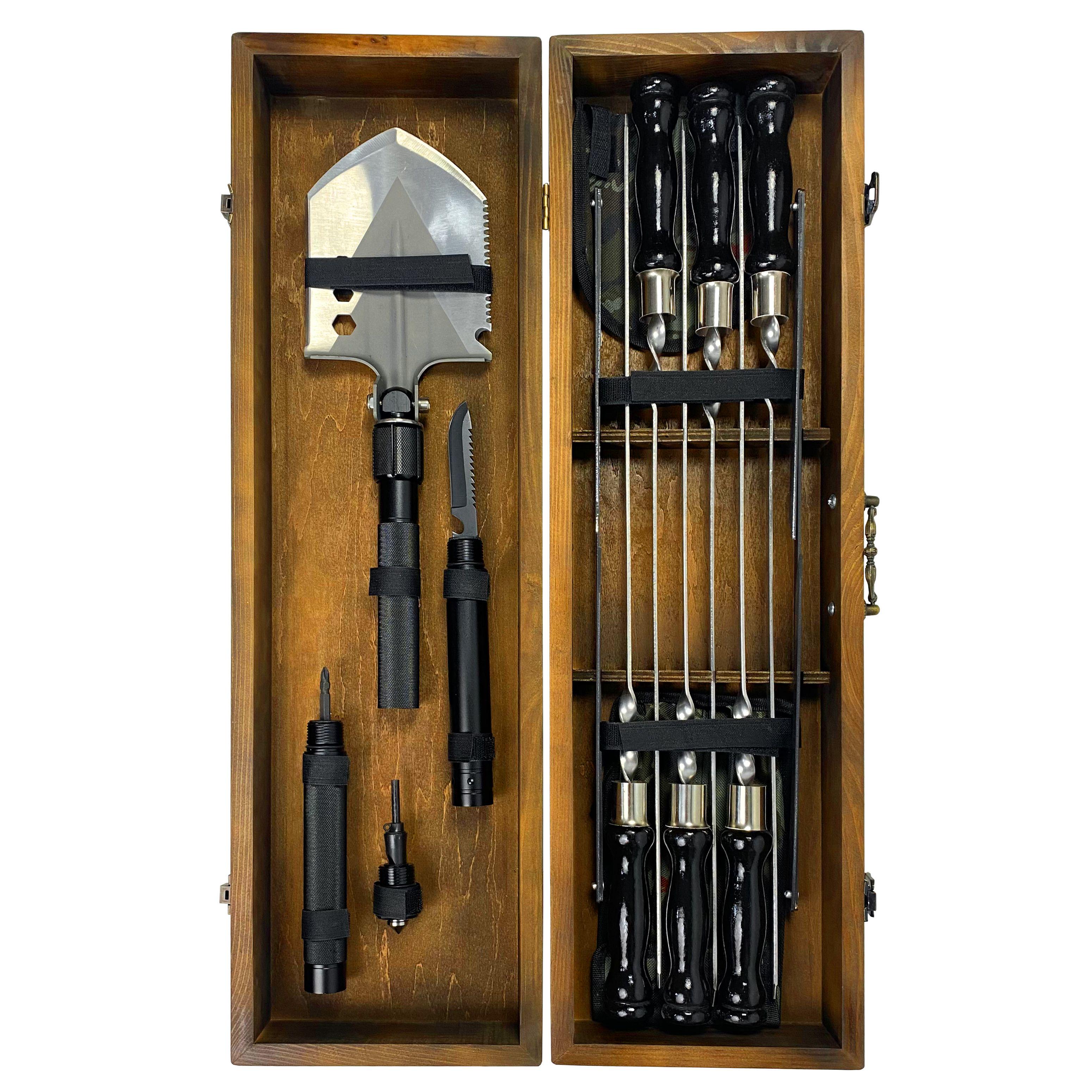 Подарунковий набір шампурів з аксесуарами Mzavod Індіана Джонс із нержавіючої сталі в дерев’яному кейсі 720x120x210 мм (136-17-1190810000815) - фото 5 Подарунковий набір шампурів з аксесуарами Mzavod Індіана Джонс із нержавіючої сталі в дерев’яному кейсі 720x120x210 мм (136-17-1190810000815) - фото 5