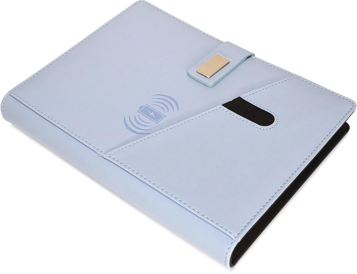 Блокнот-ежедневник из экокожи с беспроводной зарядкой и Powerbank 8000 мАч Голубой
