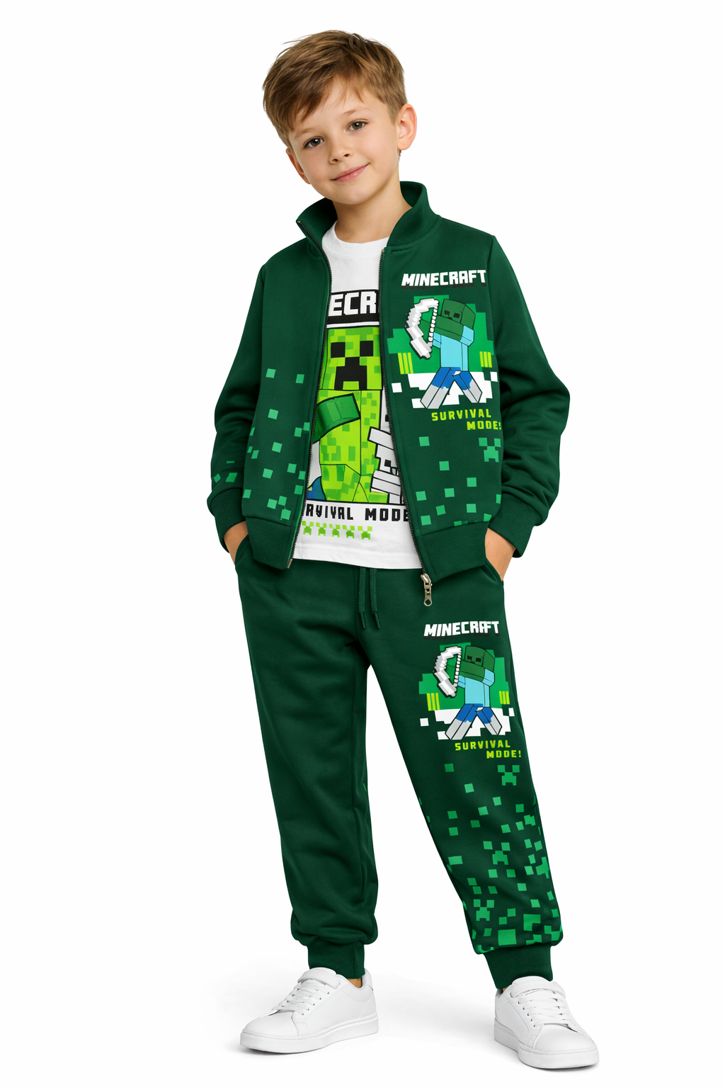 Костюм подростковый тройка в стиле Майнкрафт кофта на молнии/футболка/штаны 128 см Зеленый (32647445)