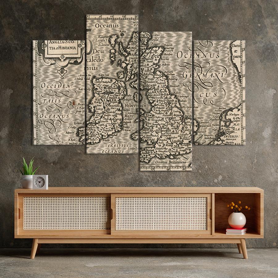 Картина карта Раритетная чёрно-белая карта Англии Шотландии и Ирландии 89x56 см (A1338-4)