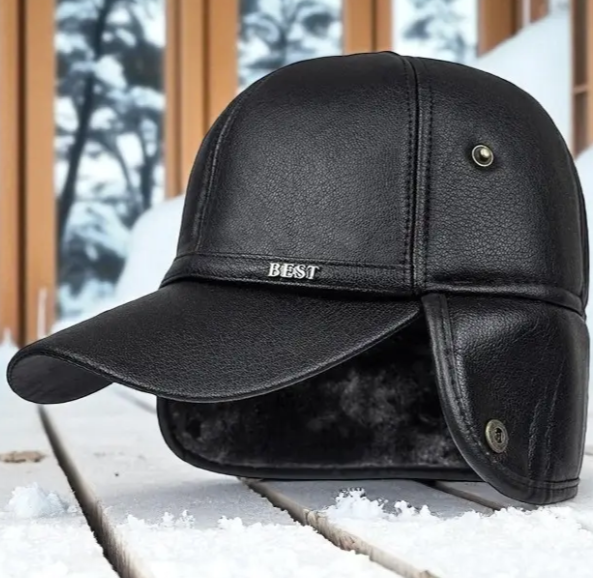 Бейсболка мужская с ушами кожаная One Size Черный (29548922)