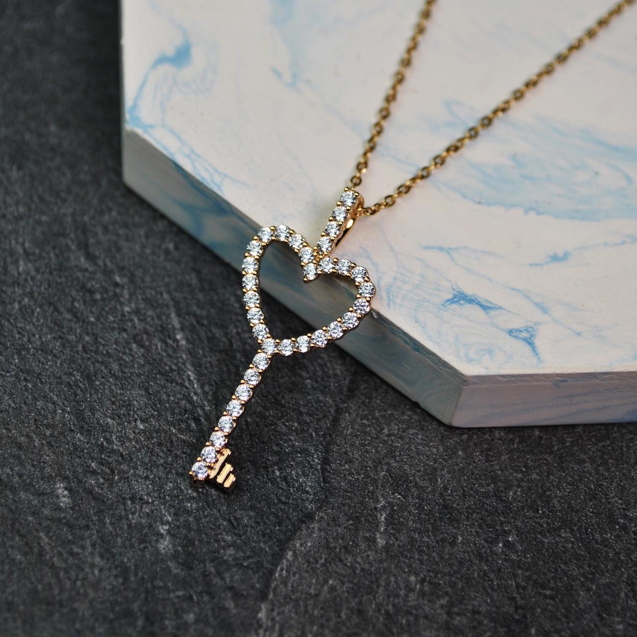 Кулон большой ключик сердце на цепочке медицинская сталь позолота (x239-2)