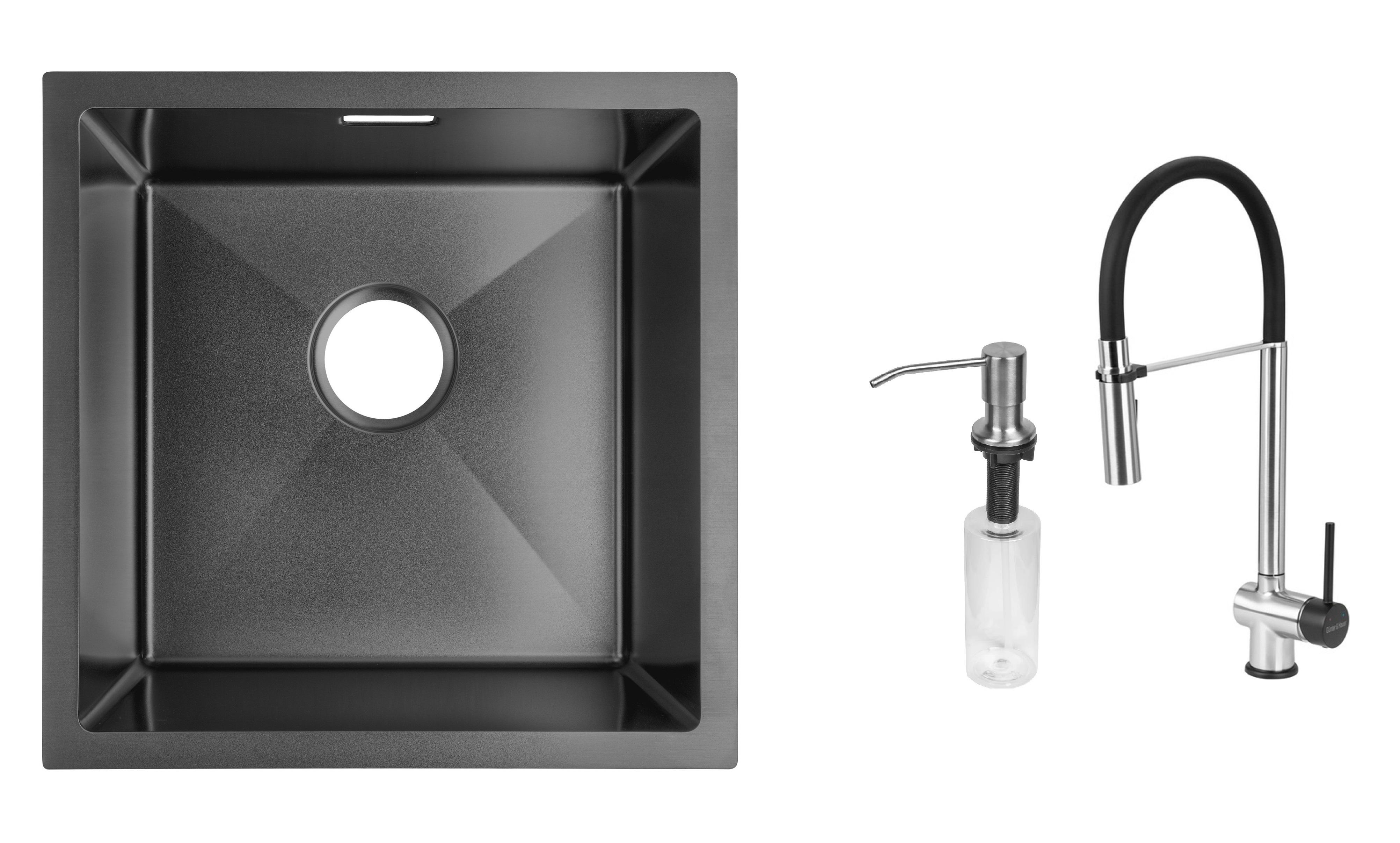 Комплект из кухонной мойки Gunter&Hauer Olef 4522 Black/смесителя Gunter&Hauer EDEL Brush Black/дозатора Gunter&Hauer SOAP DISPENSER Inox