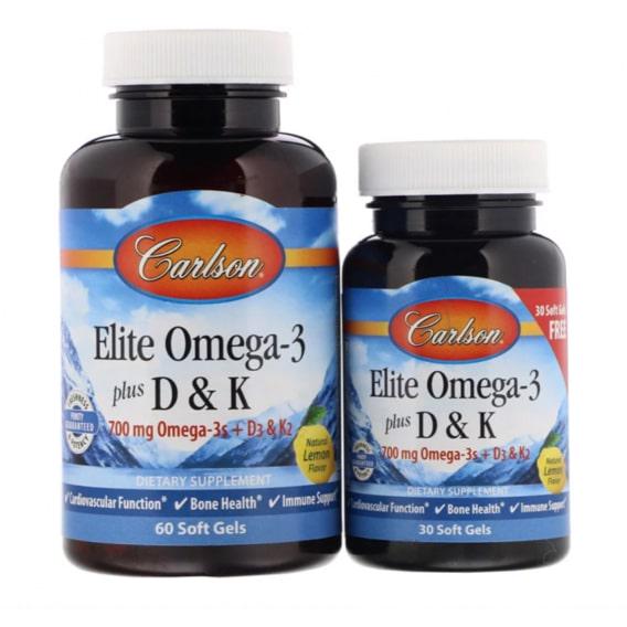 Омега 3 Carlson Labs Elite Omega-3 Plus D & K 60+30 Soft Gels Natural Lemon Flavor (CAR-17540)