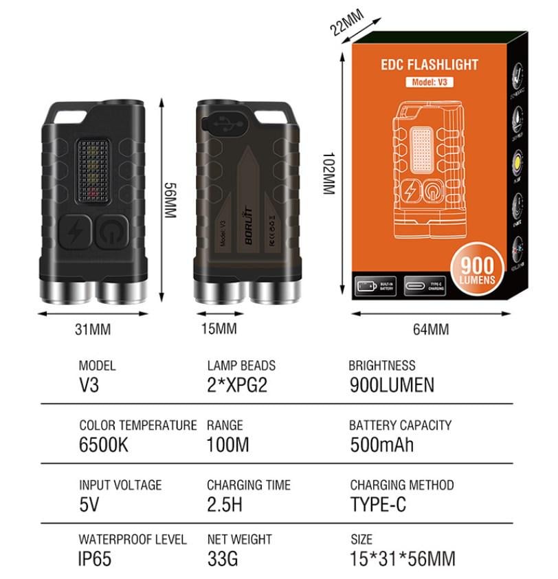 Ліхтар брелок акумуляторний boruit v3 900 lm Чорний (23845139) - фото 4 Ліхтар брелок акумуляторний boruit v3 900 lm Чорний (23845139) - фото 4