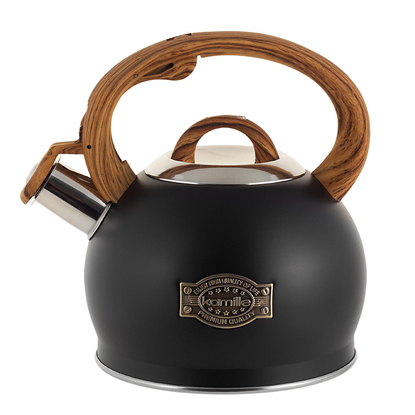 Чайник Kamille Vizo из нержавеющей стали со свистком с ручкой под дерево 2 л Черный (0851)