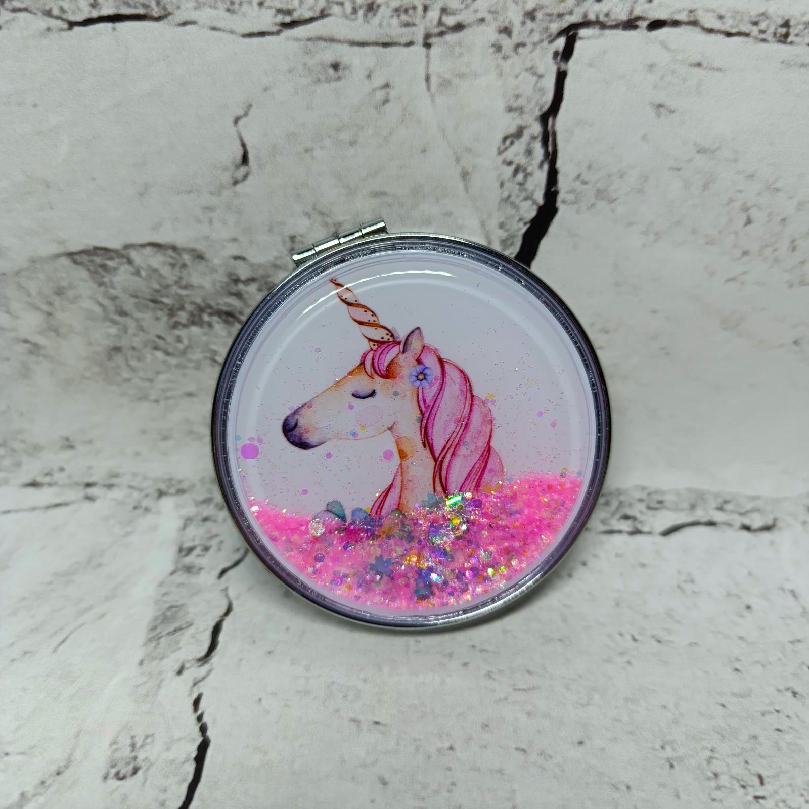 Зеркало карманное косметическое Единорог жидкие блестки 7х7 см (А20-12)