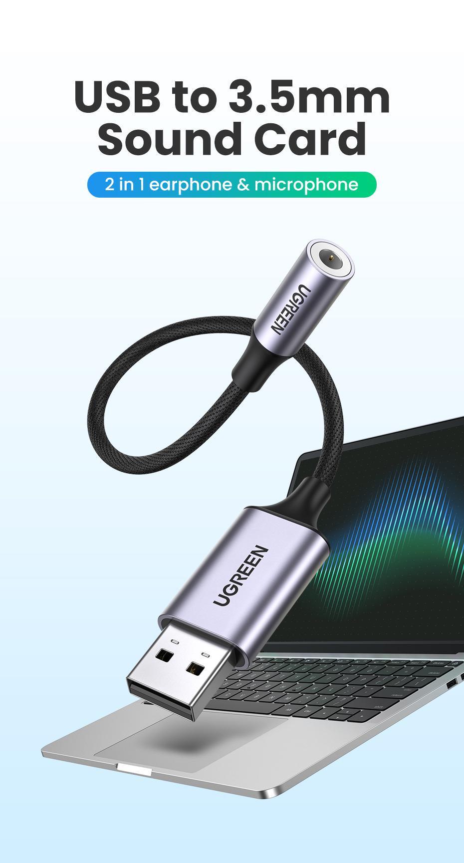 Зовнішня звукова карта UGREEN USB 2.0 3,5 мм TRRS 24 біт 96 кГц 1 м Чорний (45522) - фото 2