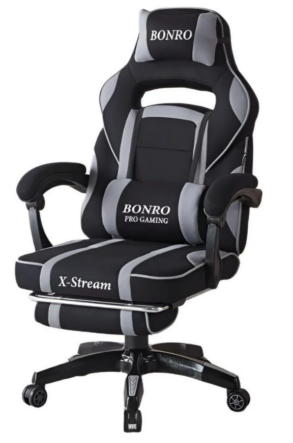 Крісло геймерське для комфортного сидіння Bonro B-141 з тканинною оббивкою з підставкою для ніг до 120 кг Сірий (147-76-42401110)
