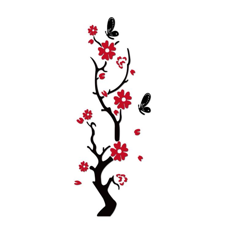 Наклейка на стену зеркальная в виде сакуры Sakura акриловая для декора интерьера 100х38 см Черный с красным