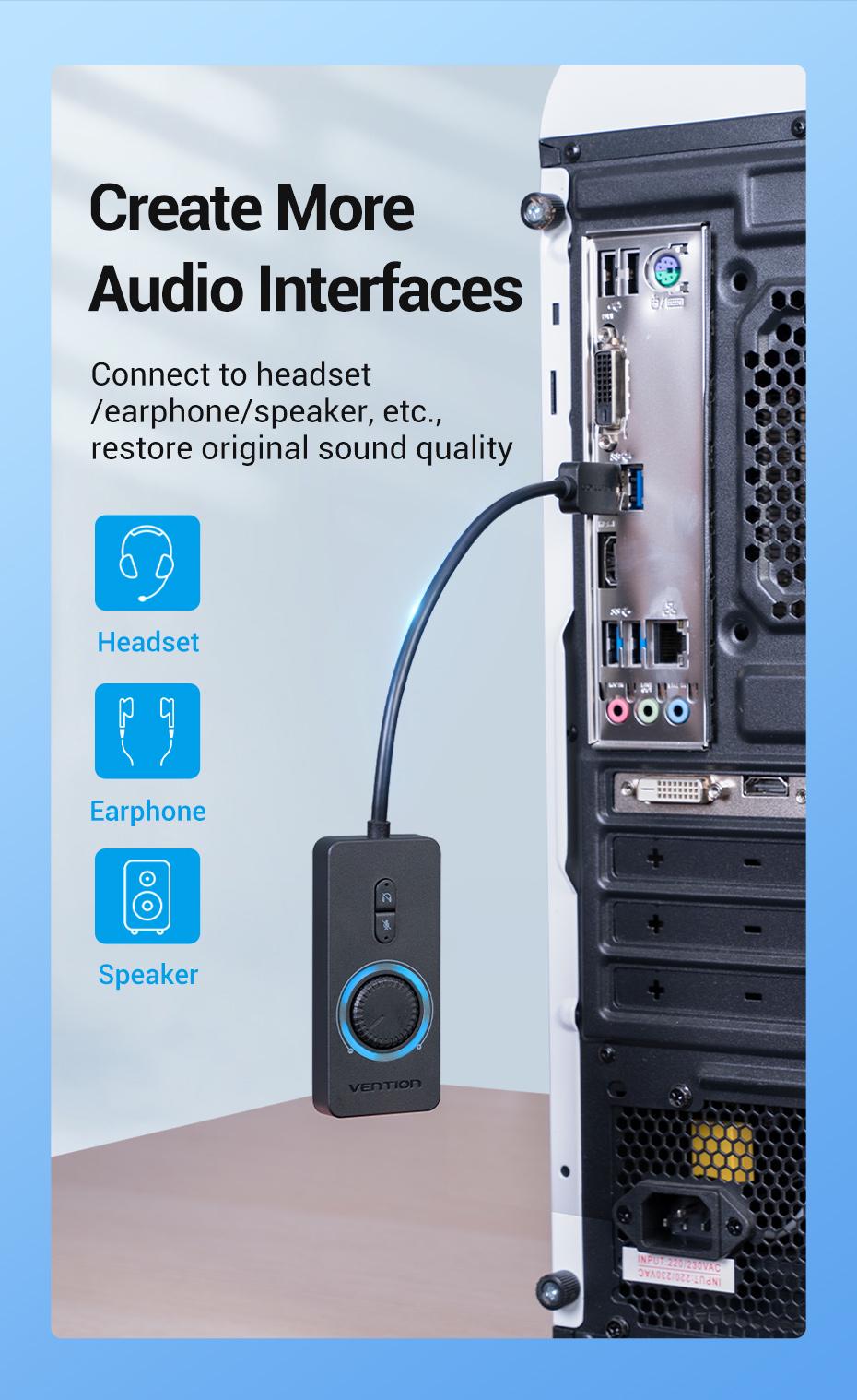 Звукова карта з підтримкою мікрофону Vention USB-3x 3,5 мм minijack 16 біт/48 кГц TRS AUX з керуванням гучності 0,5 м Чорний (CDRBD) - фото 4