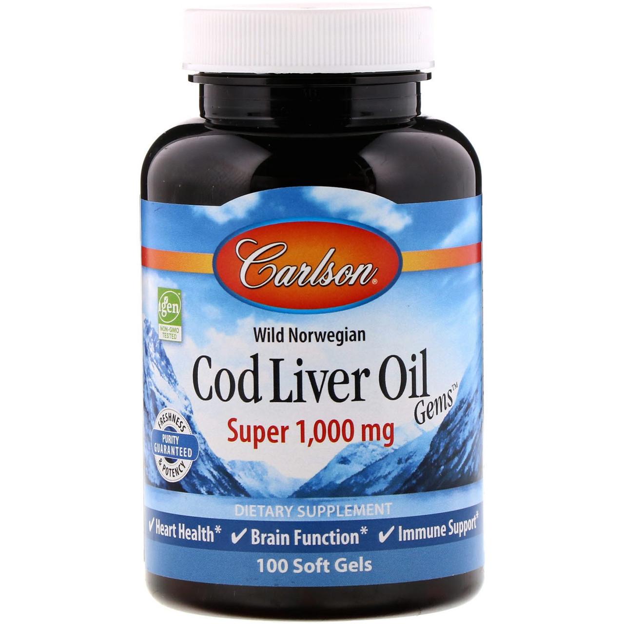 Риб'ячий жир Carlson Labs Cod Liver Oil з печінки дикої норвезької тріски 1000 мг 100 капс.