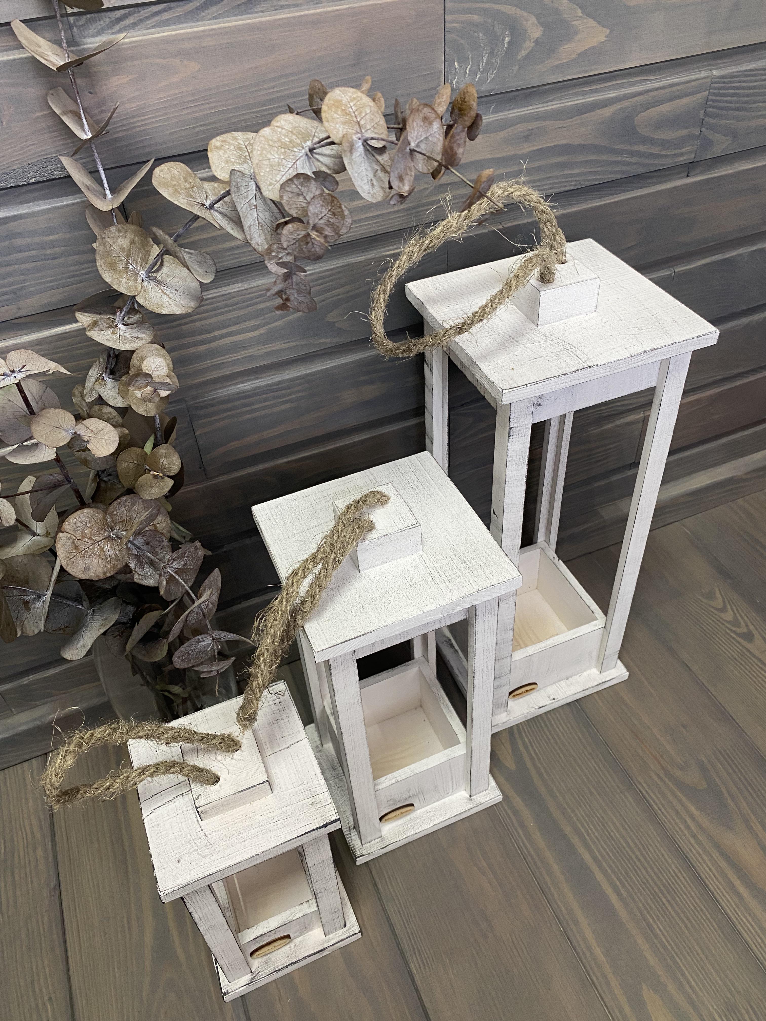 Набор подсвечников деревянные Фонари 25/35/45 см Бело-серый - фото 3