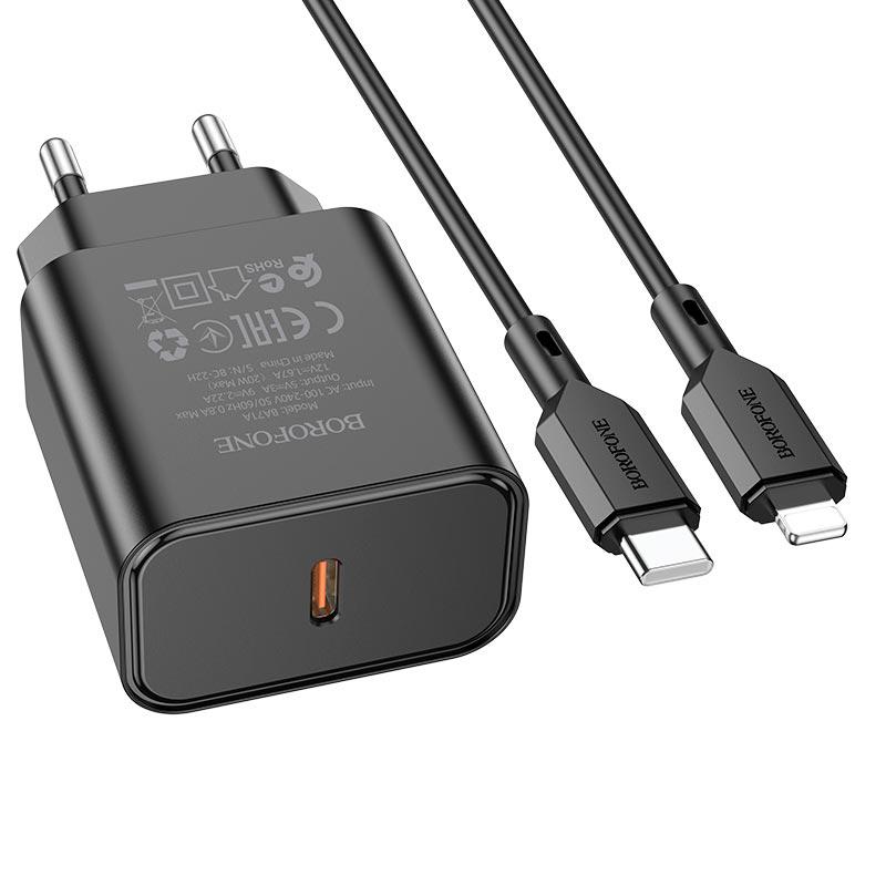 Сетевое зарядное устройство Borofone Type-C to Lightning Cable Power Single Port Charger set BA71A 20W/3A PD/QC Black (11315203) - фото 2