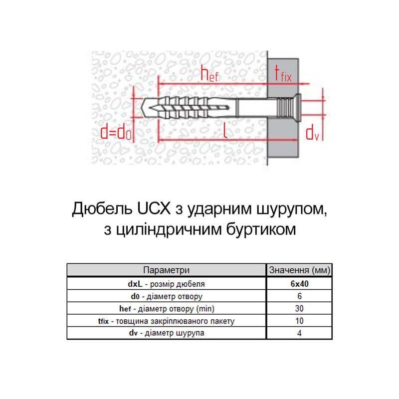 Дюбель Metalvis UCX 6х40 притиск 10 мм нейлон з буртиком та ударним шурупом цинк 50 шт. (92U10000092U160400) - фото 2 Дюбель Metalvis UCX 6х40 притиск 10 мм нейлон з буртиком та ударним шурупом цинк 50 шт. (92U10000092U160400) - фото 2