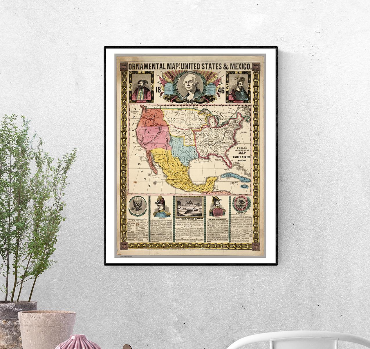 Постер Орнаментальная карта США и Мексики 1846 г. формат А-0