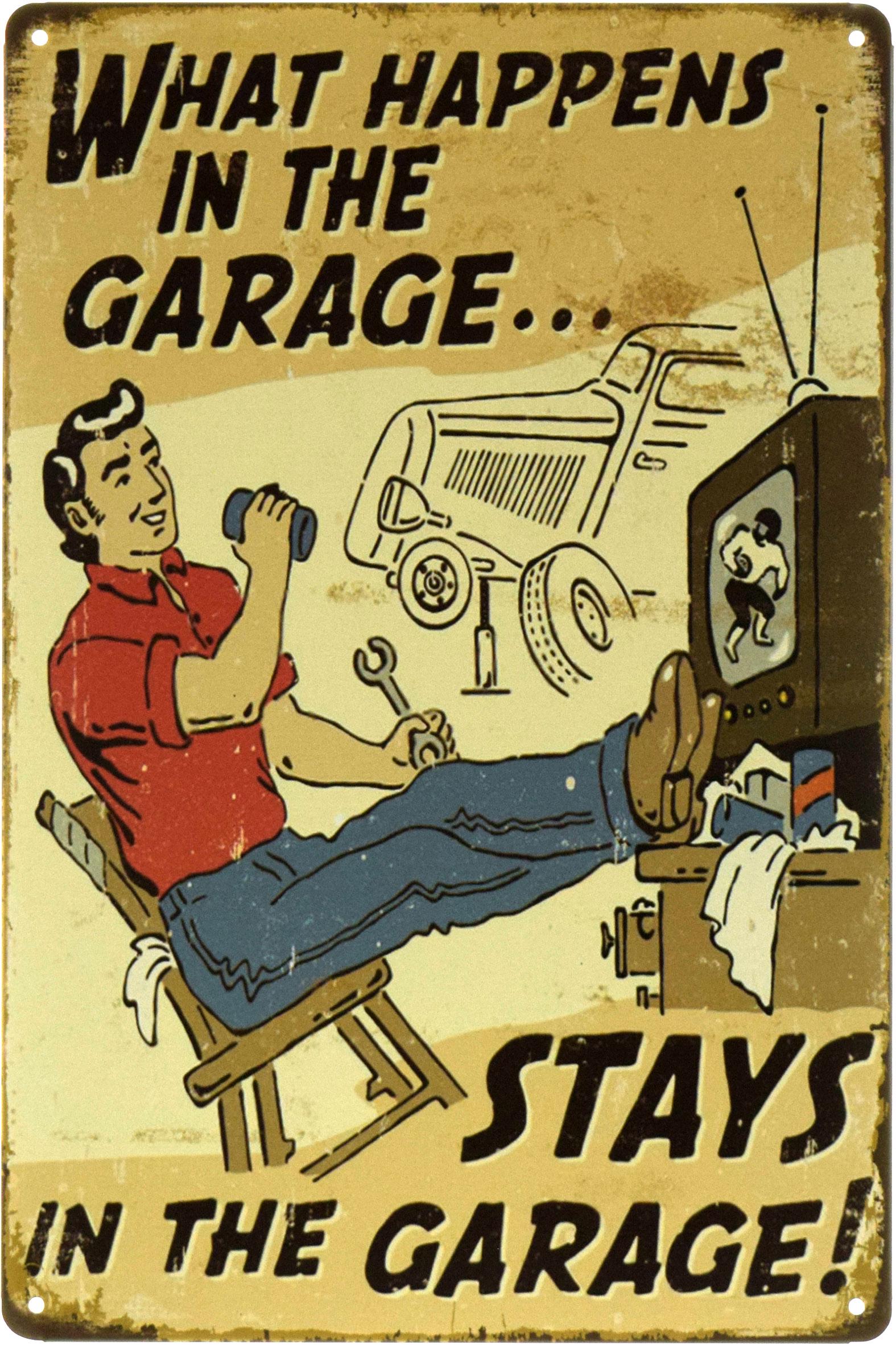 Табличка металлическая Что Происходит В Гараже/What Happens In The Garage 20x30 см Табличка металлическая Что Происходит В Гараже/What Happens In The Garage 20x30 см